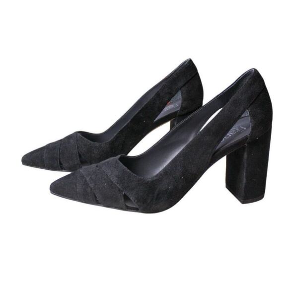 Franco Sarto Patina Black Suede Chunky Heel Pumps Pointed Toe Cut Out - Picture 2 of 5